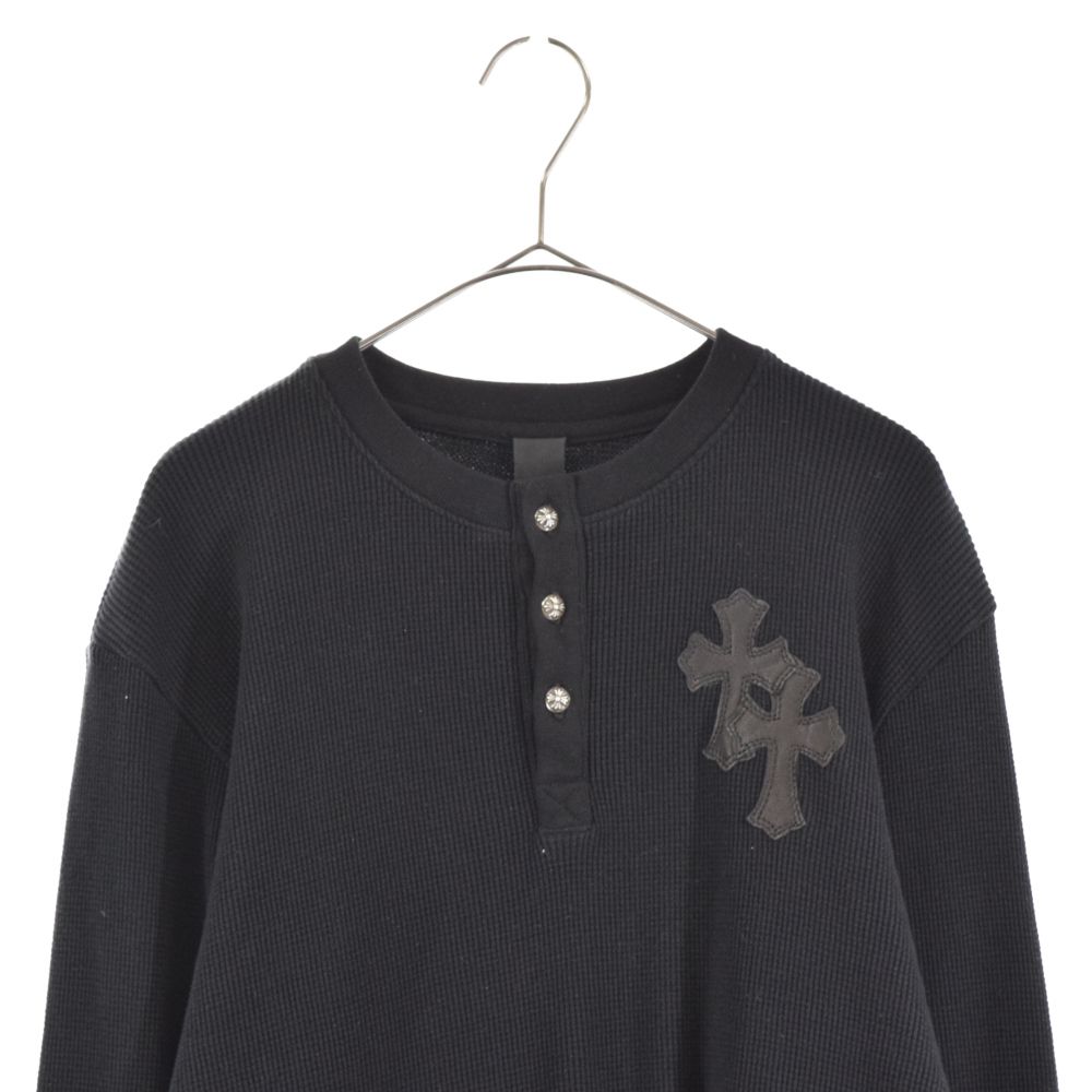 CHROME HEARTS (クロムハーツ) CROSS BUTTON THERMAL HENLY L/S クロスレザーパッチ ヘンリーネック  サーマル ロングスリーブカットソー 長袖Tシャツ ブラック