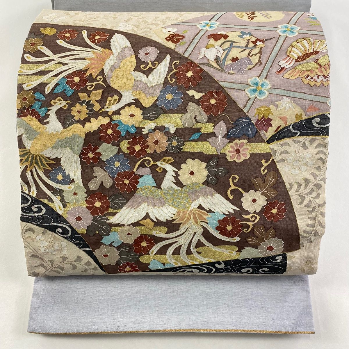 袋帯 尾長鳥 花唐草 金糸 青灰色 お太鼓柄 正絹