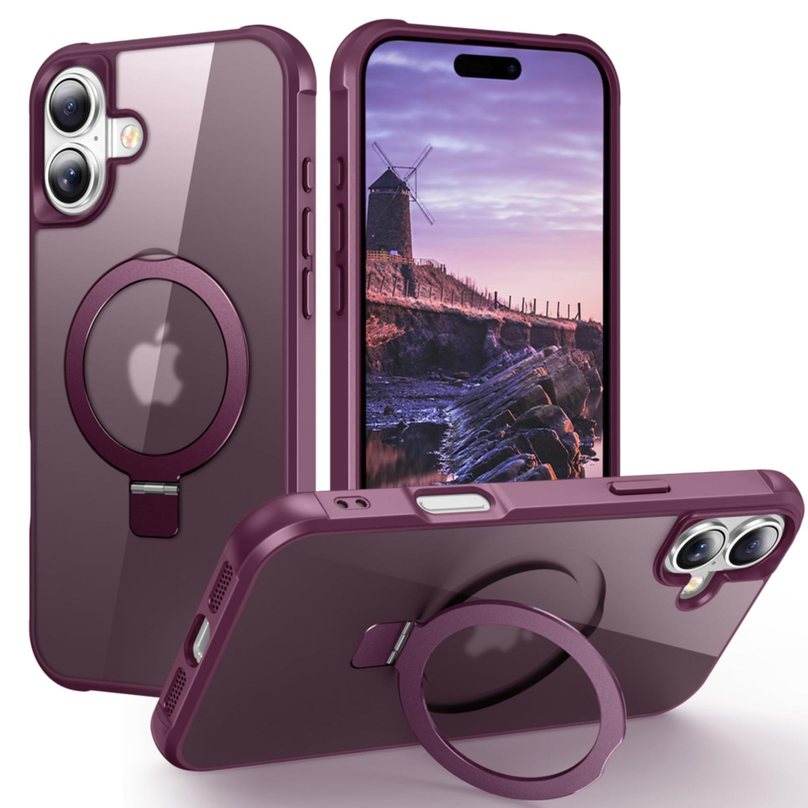 【数量限定】アイフォン16 スマホカバー 半透明 隠しリンク付き 360回転スタンド マグネット搭載 ストラップホール付き MagSafe対応 カメラ保護 カバー 16ケース 耐衝撃 iPhone 軽量 薄型 360スタ