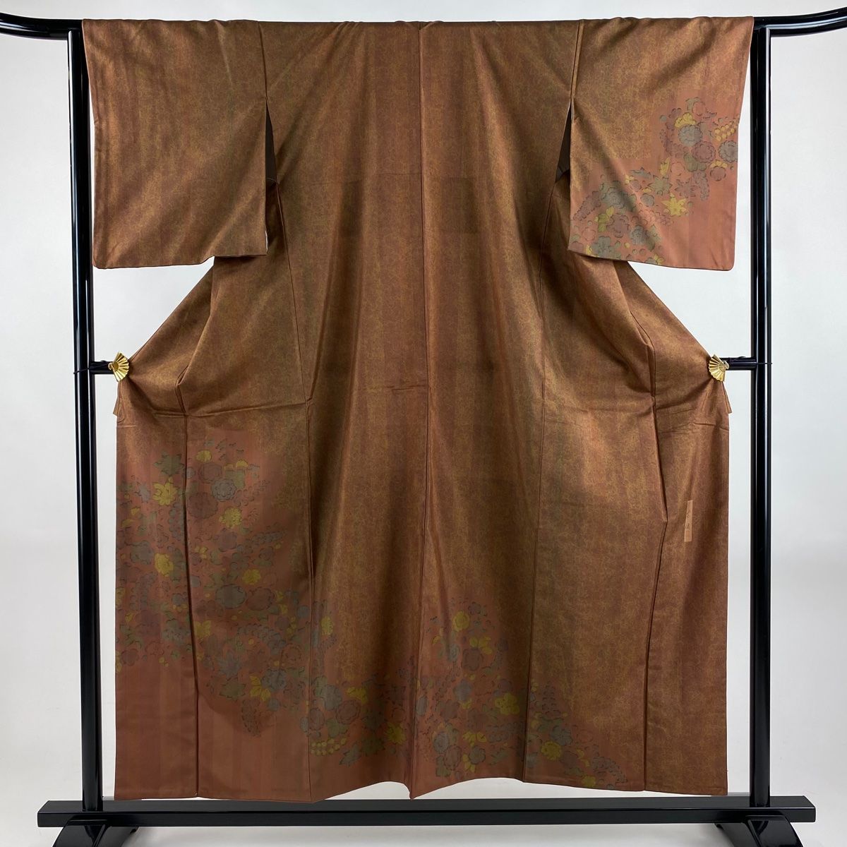 付下げ 身丈154.5cm 裄丈63.5cm S 袷 紬地 落款 辻が花柄 縦縞 赤茶 正絹 秀品