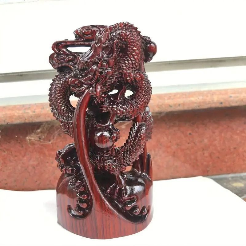 龍 ドラゴン 木製 木彫 レッド 赤 置物 オブジェ 金龍 風水 開運
