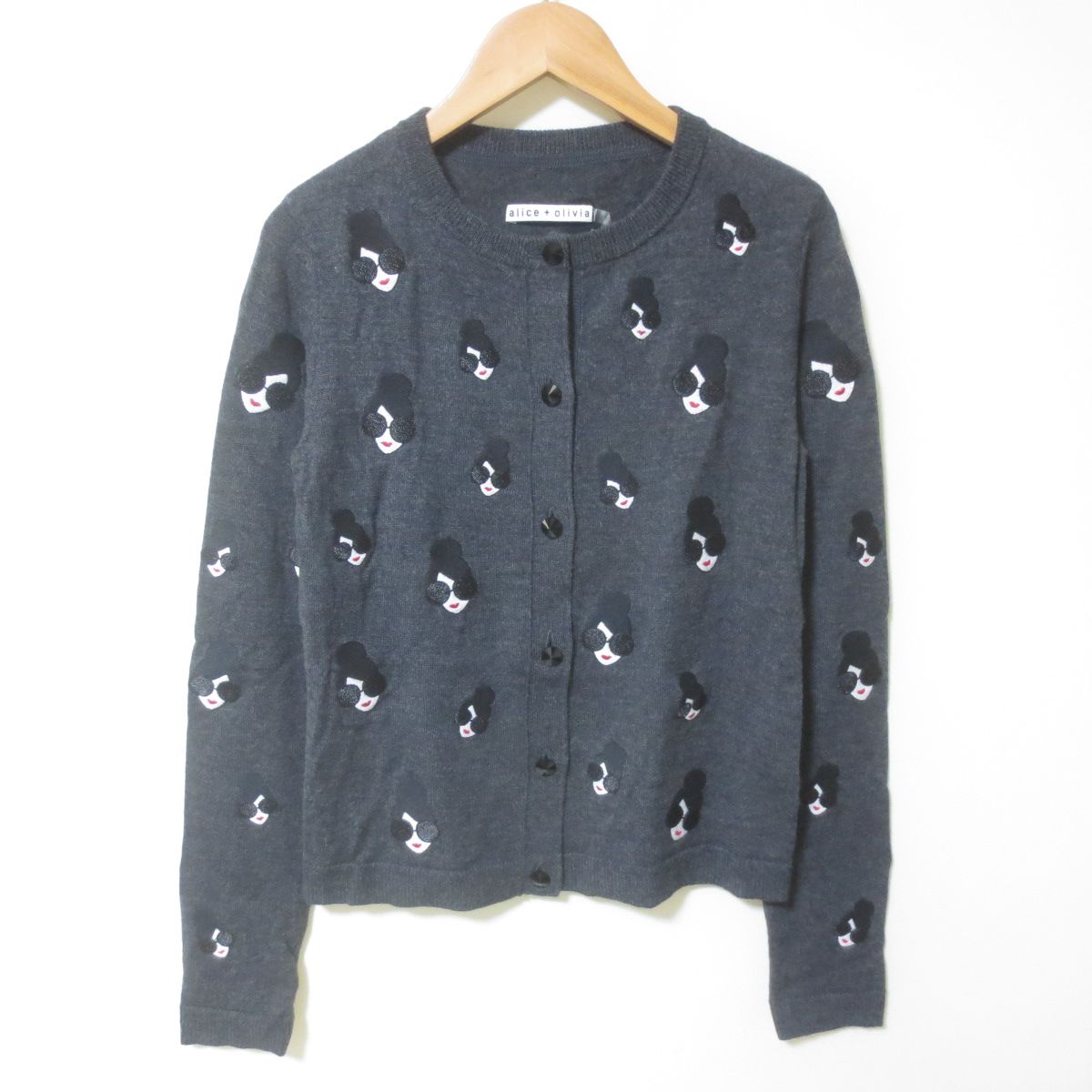D421 alice＋olivia アリスオリビア フェイス柄 カーディガン ニット グレー 総柄