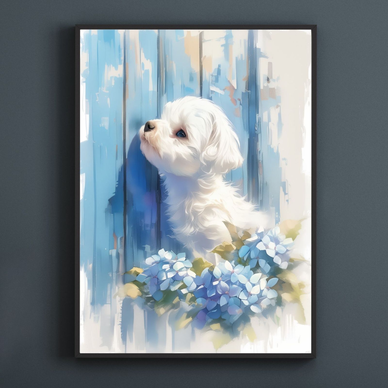 雨犬戯舞 - ビションフリーゼ犬の子犬 No.2 梅雨 季節 時期 紫陽花 カタツムリ 子犬 うちの子記念日 ペットロス アートポスター 犬の絵 犬のイラスト