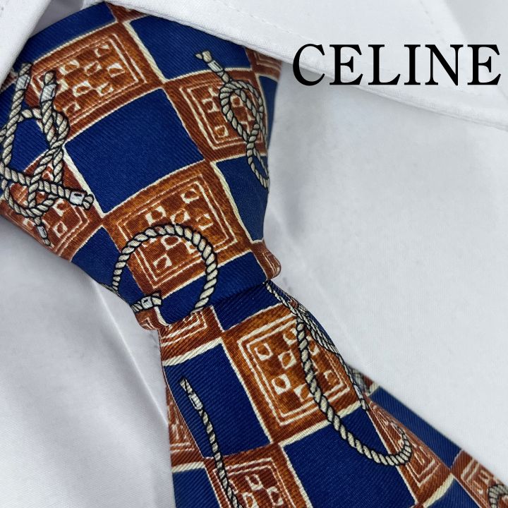 【美品】CELINE セリーヌ　ネクタイ　総柄　花柄　ネイビー　ブルー 美品》CELINE (セリーヌ) シルクネクタイ 総柄 花 ネイビー