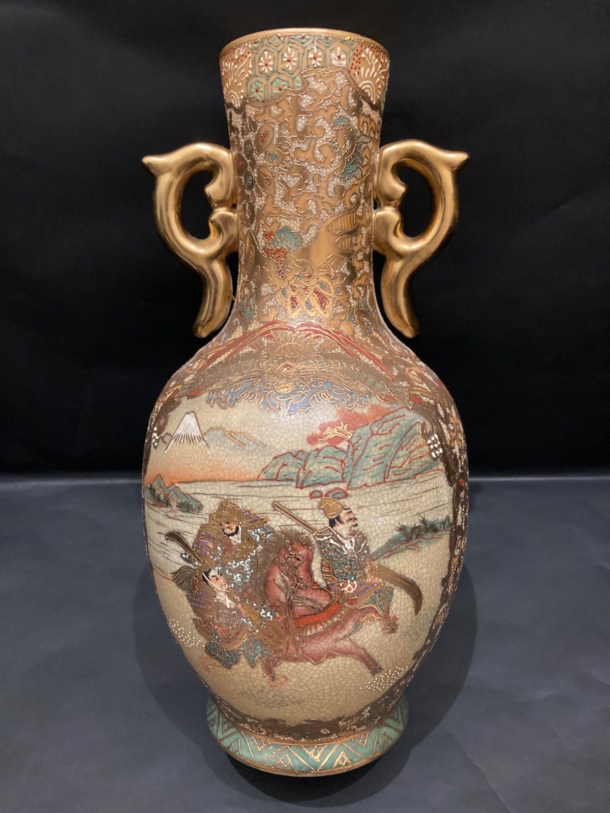 薩摩焼 武将図 花瓶 金彩 色絵 青粒 錦襴手 古美術 骨董 工芸 レア商品