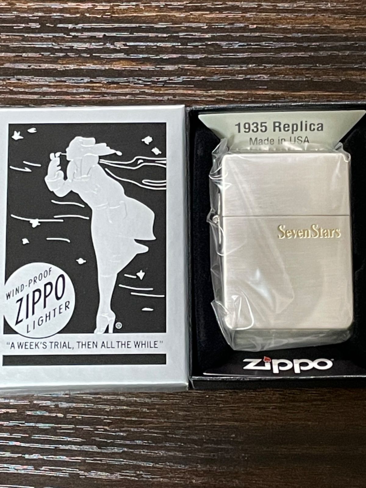 zippo Seven Stars SPIRIT Ignite Your Spirit セブンスター 1935レプリカ 2017年製 七連星 外ヒンジ シルバー 懸賞当選品 特殊加工品 デットストック ケース 保証書