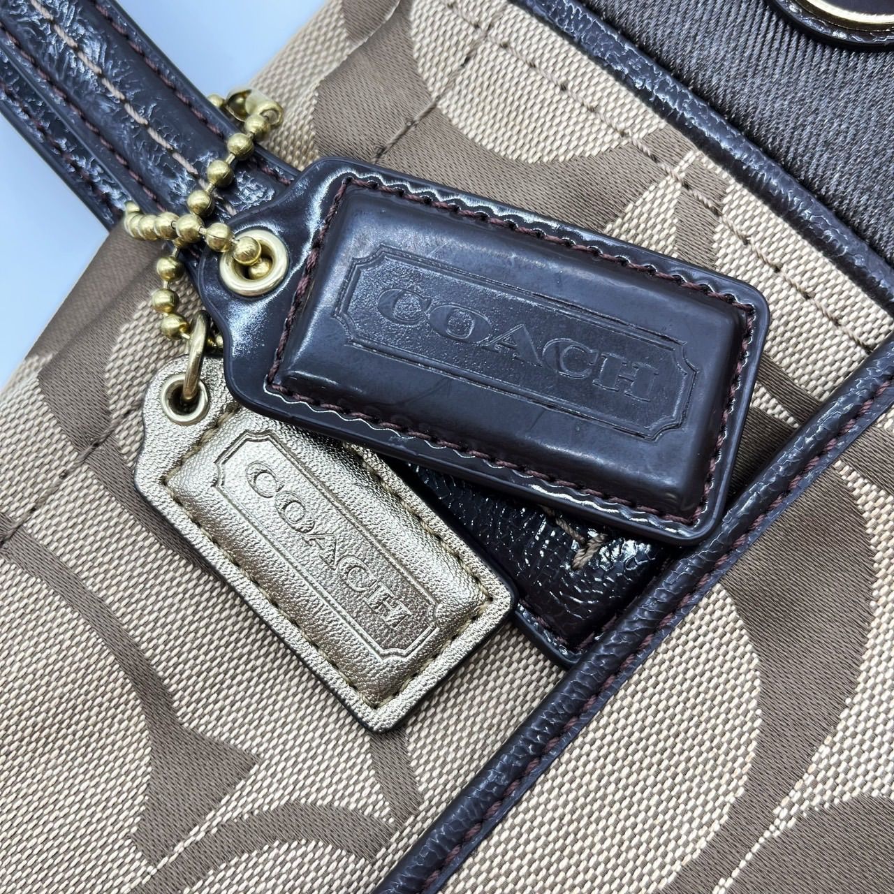 良品】 COACH コーチ トートバッグ シグネチャー キャンバス レザー 革 