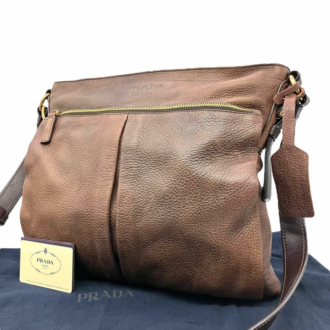 2085 PRADA ショルダーバッグ オールレザー シボ革 ブラウン A4