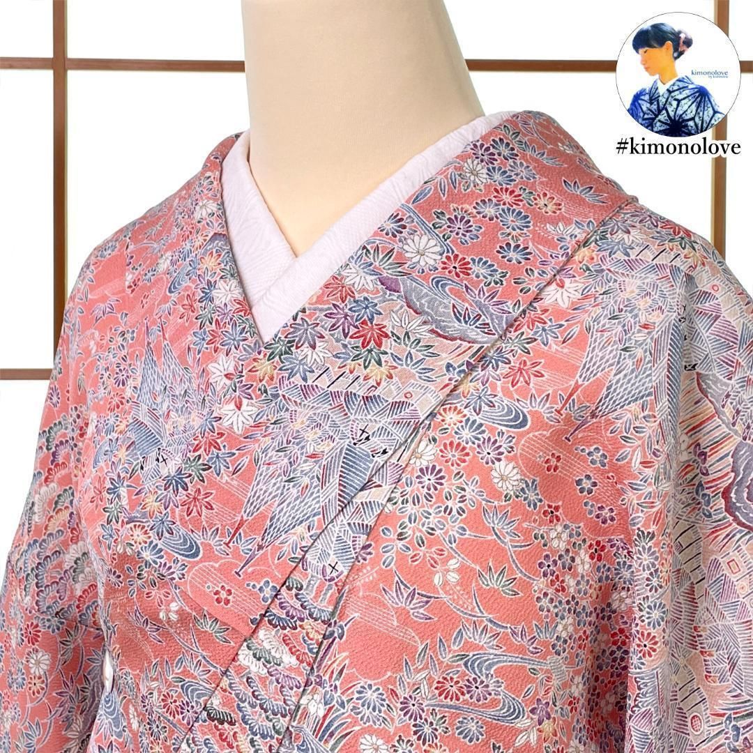 小紋着物 袷 正絹 ちりめん地 茶屋辻柄 桃色 着物 kimonolove オゾン消臭サービス A-2046