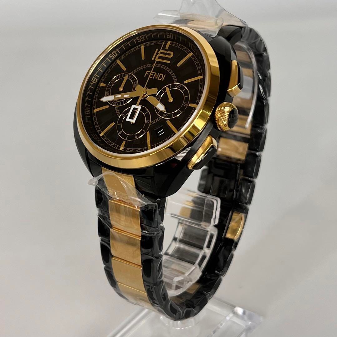 FENDI ゴールド ブラック 時計 未使用】フェンディ モメント 23000L クロノグラフ 黒 デイト表示