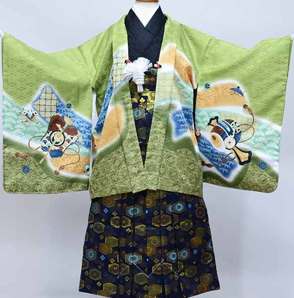 七五三 五歳 男児 羽織袴フルセット M寸 深緑色 鷹 袴変更可