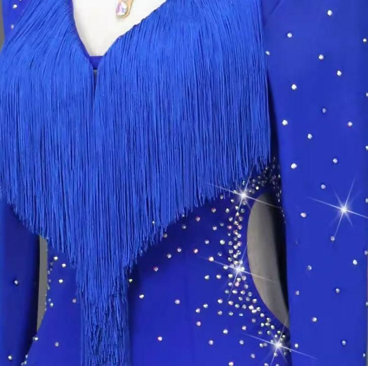 社交ダンス衣装　ラテンワンピースドレス　ベルト付　オーダーメイド ラテンワンピースドレス 社交ダンス衣装 人気 長袖 ブルー オーダー