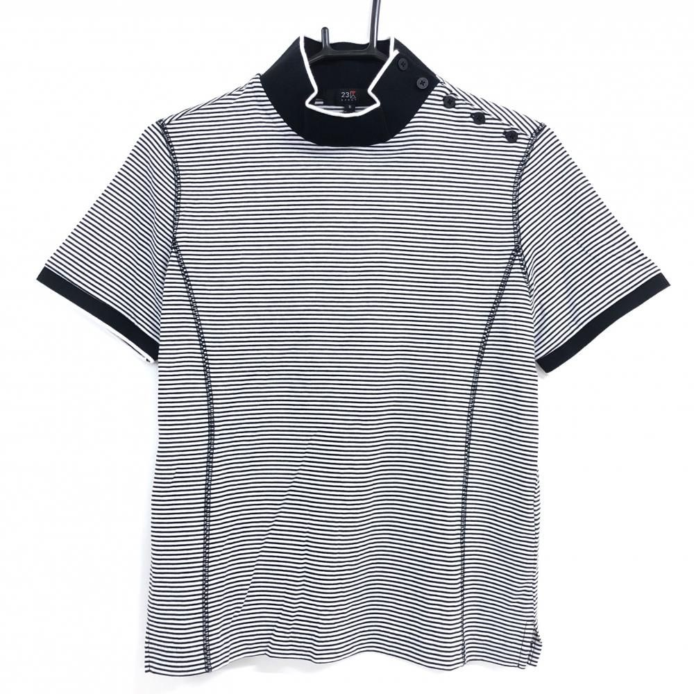 【新品】23区スポーツ 半袖ハイネックシャツ 白×黒 ボーダー 肩ボタン レディース II(L) ゴルフウェア 23区