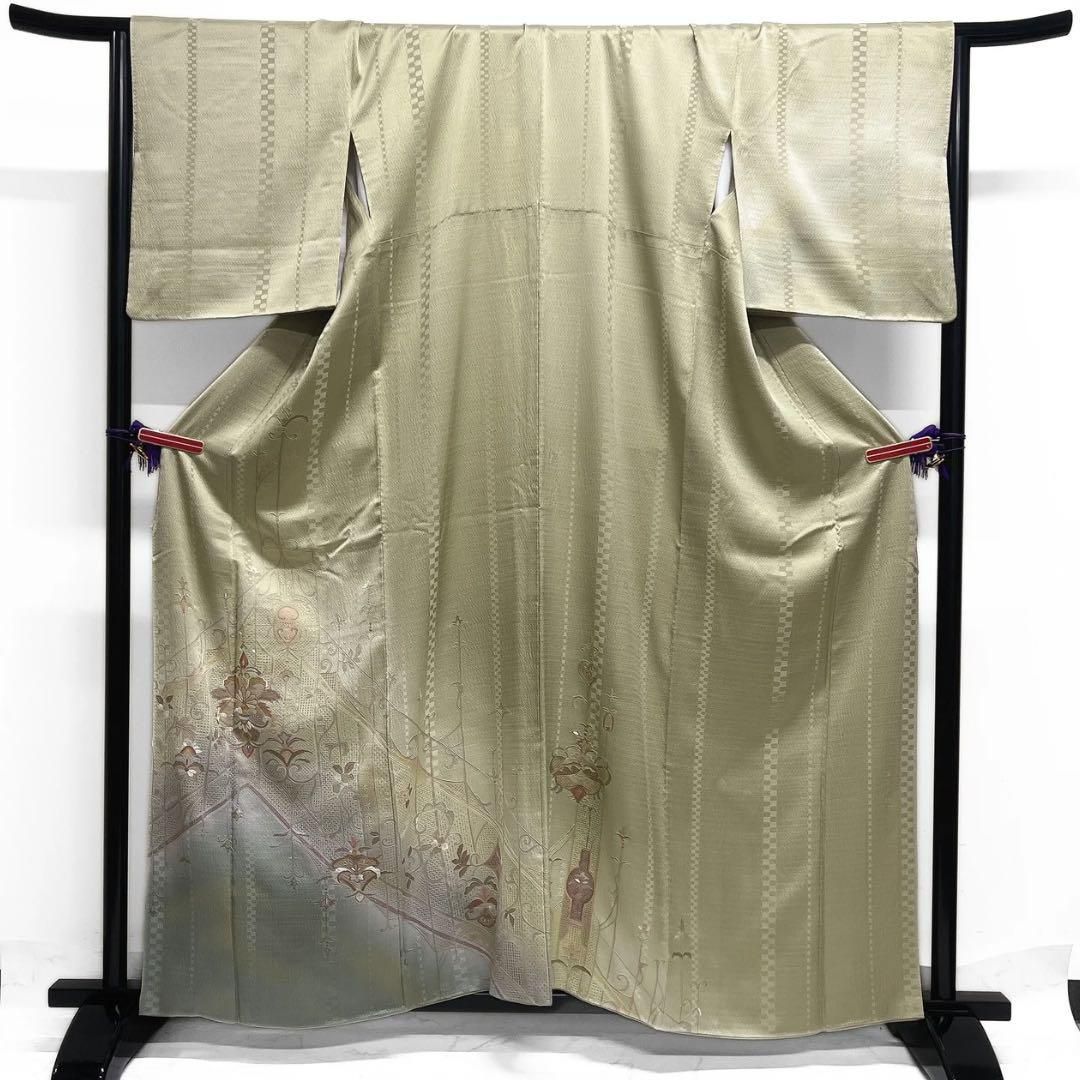 付け下げスワトウ刺繍唐花唐草市松アラベスク着物021a d 