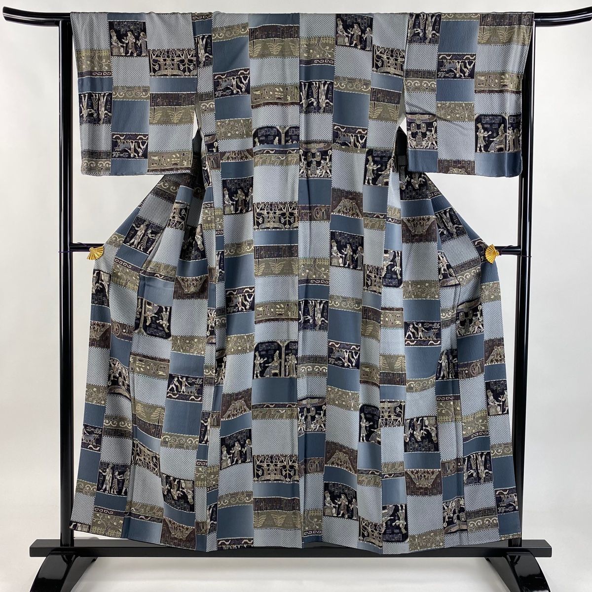 小紋 身丈157cm 裄丈66cm M 袷 コプト柄 動物 ぼかし 灰色 正絹 秀品