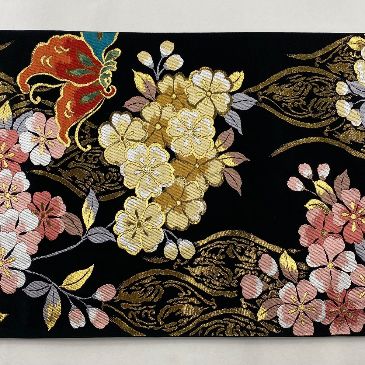 SO-433 袋帯 六通 正絹 植物文様 花輪 蝶 金糸 金通し 豪華 美品 SO-433 袋帯 六通 正絹 植物文様 花輪 蝶 金糸 金通し 豪華 美品
