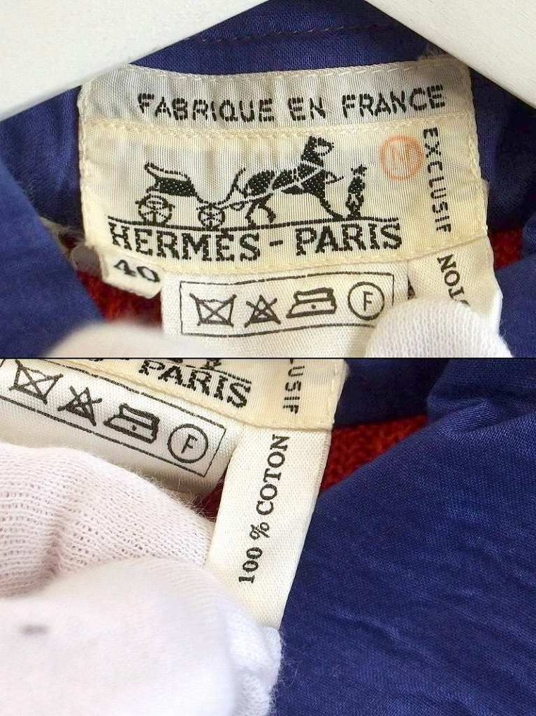 HERMES エルメス  ヴィンテージ　ブロック・グリッドデザイン　コットン×ニット異素材　五分袖シャツ  ・40 218153】HERMES エルメス ヴィンテージ ブロック・グリッド