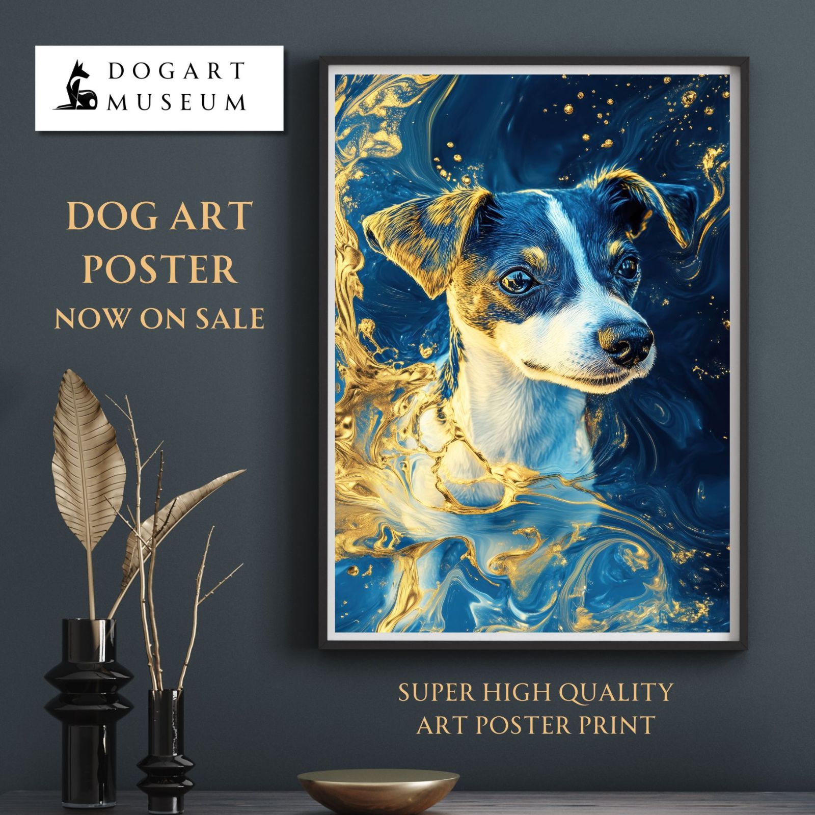 【青と金 - ジャックラッセルテリア犬 No.1】ゴールド・ペットロス・うちの子・記念日・アートポスター・犬の絵・犬のイラスト・ギフト・プレゼント