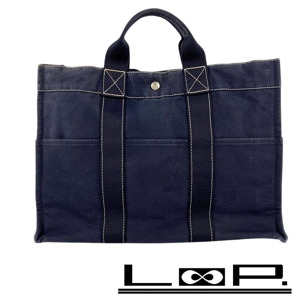 □中古□ エルメス ドーヴィル トート MM バッグ キャンバス ネイビー  