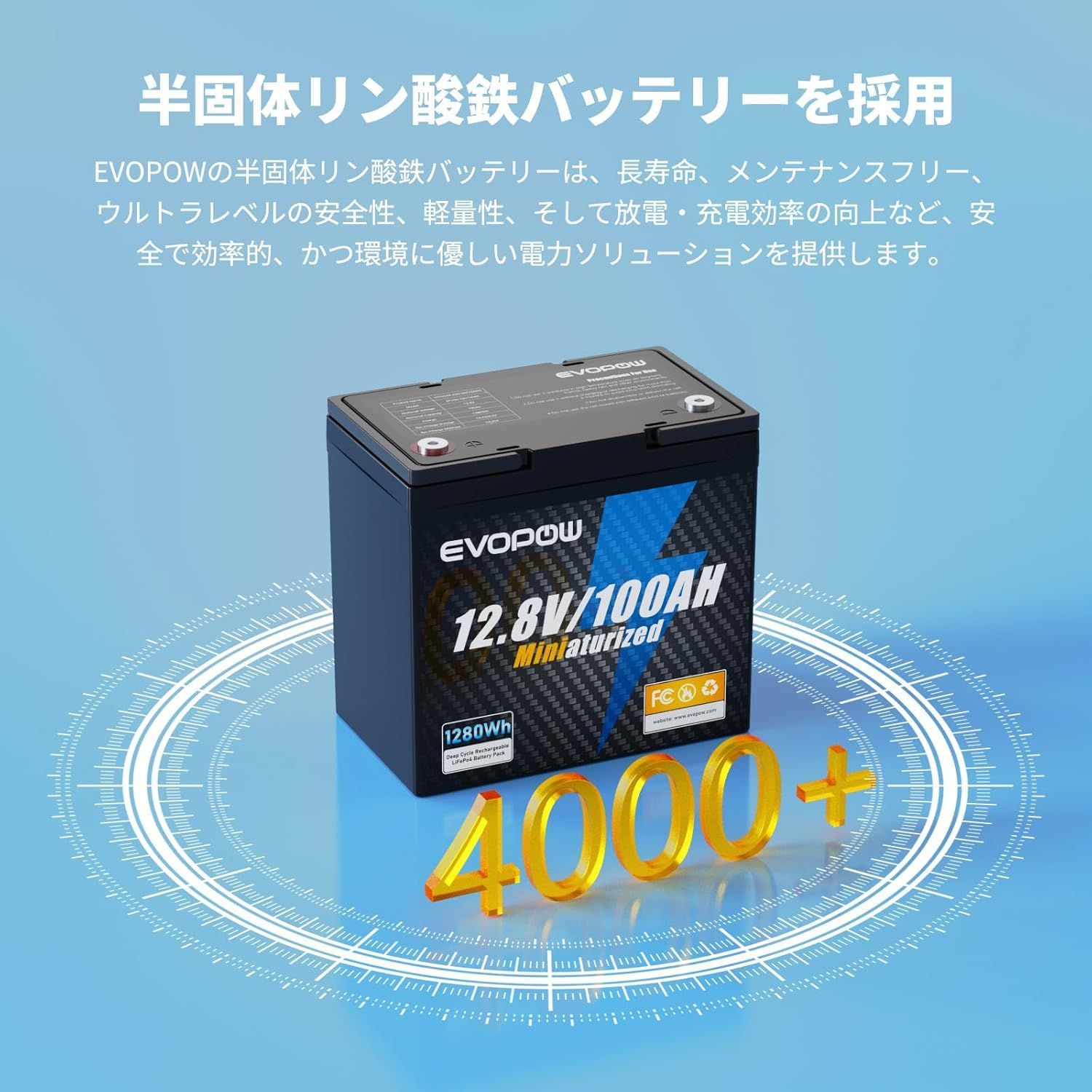 Evopow 12.8V 100Ah LiFePO4リン酸鉄リチウムイオンバッテリー 1280Wh