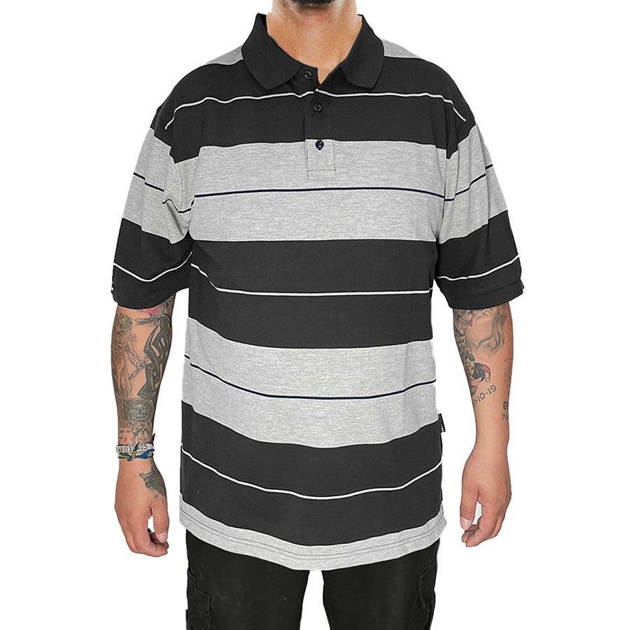 M TOWN PIQUE POLO SHIRTS BLACK×GRAY メンズ 大きいサイズ 服 ポロシャツ 半袖 ショートスリーブ ボーダー 西海岸 チカーノ ウェッサイ ローライダー ロサンゼルス LOS ANGELES