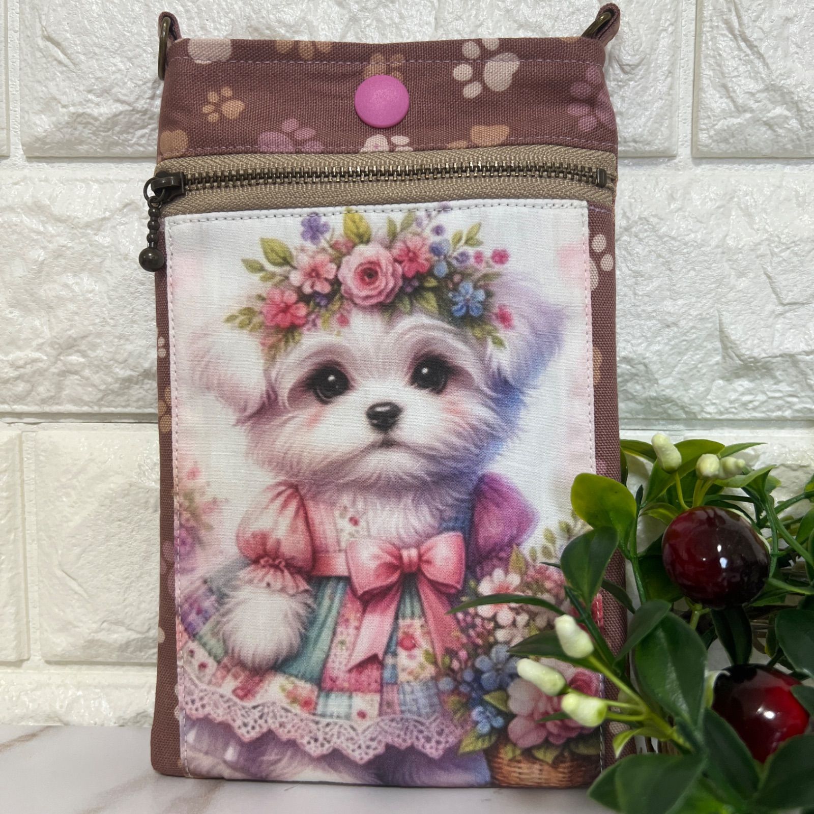 183]おしゃれマルチーズ☆スマホポーチ・ハンドメイド パネル生地