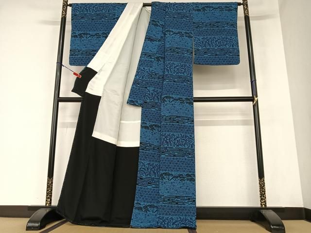 平和屋着物○上質な小紋 琉球藍染 型染め 花鳥文 正絹 逸品 AABA1276ph