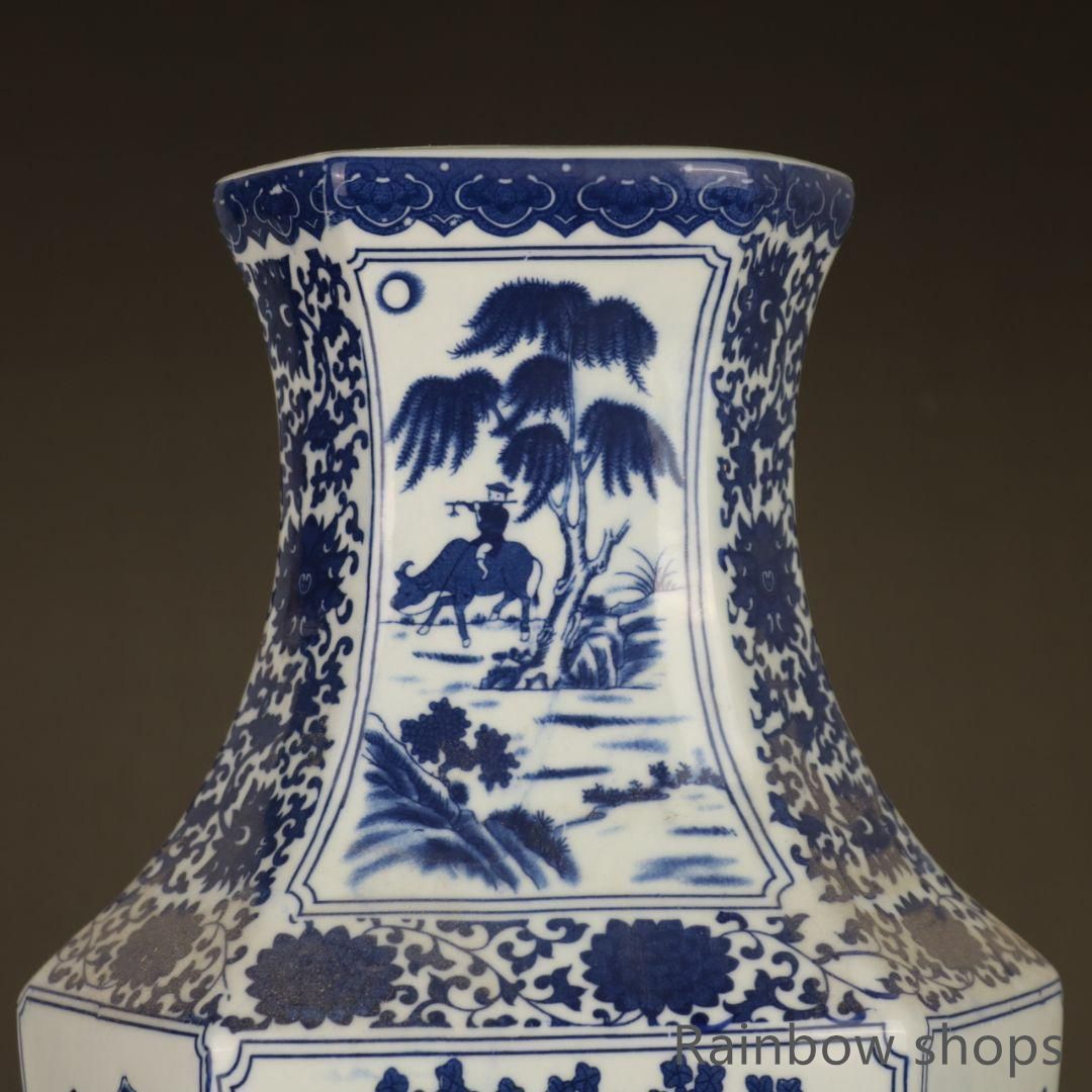 新品未使用】清乾隆青花人物花鳥六方賞瓶 景徳鎮 陶磁器 装飾品