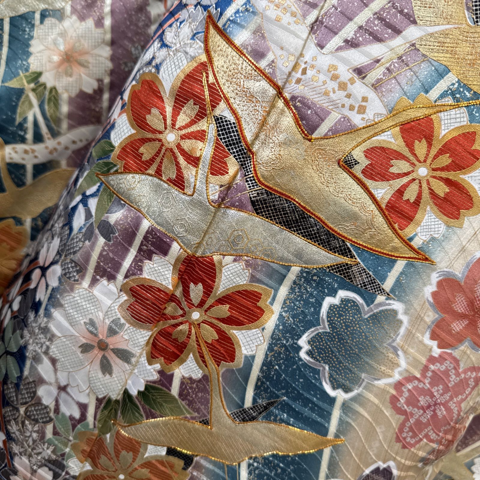 振袖フルセット(7点)・濃紺・古典柄・飛鶴・金駒刺繍・舞桜