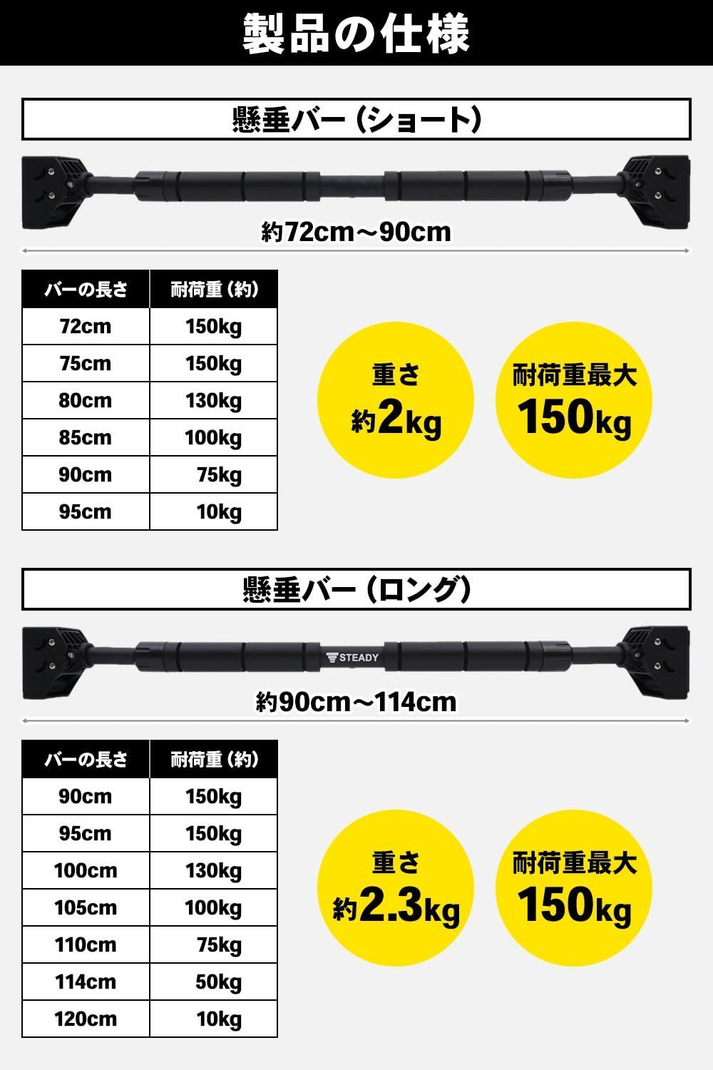本物保証，品質保証】 STEADY 懸垂バー【簡単設置/耐荷重150kg/工具