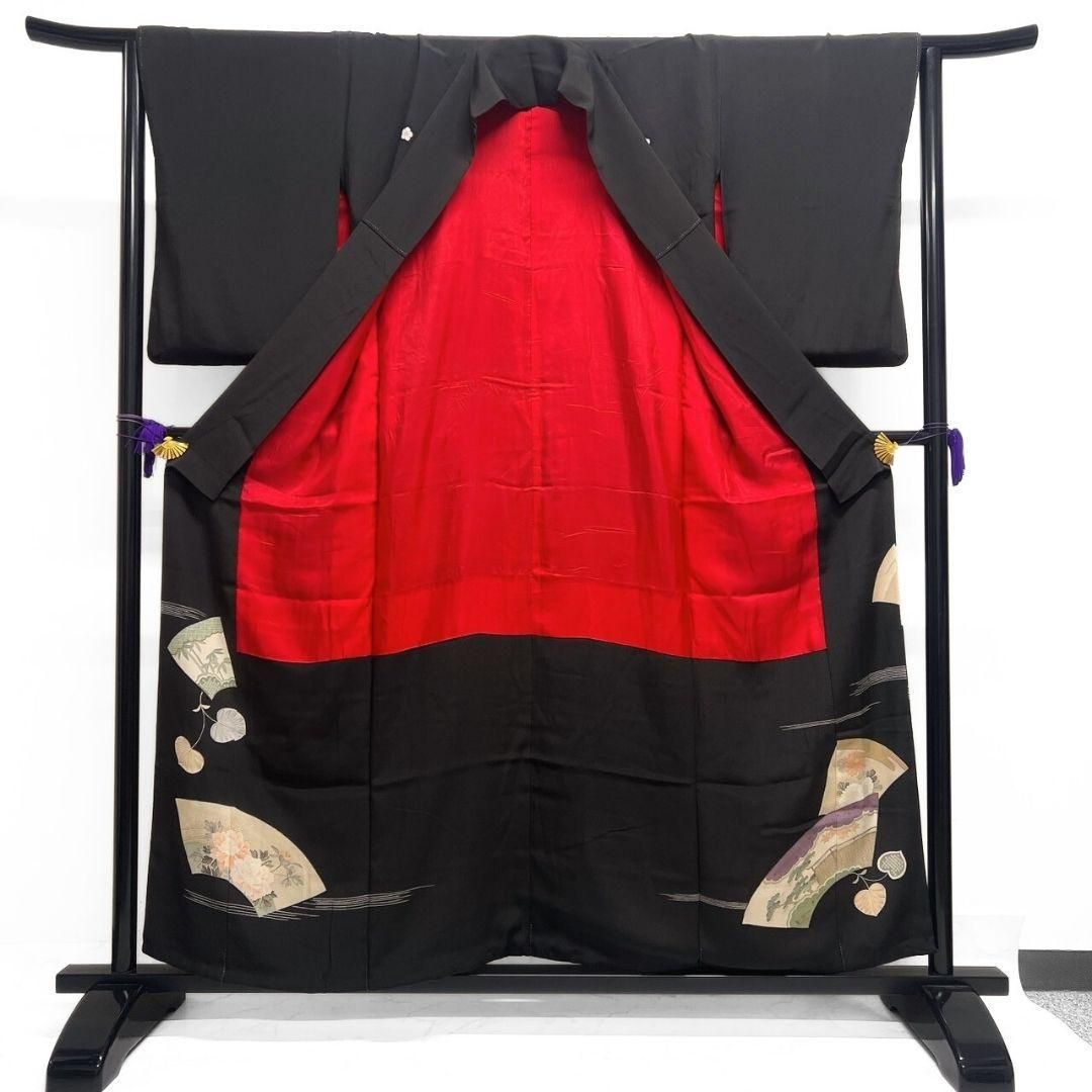 黒留袖 アンティーク 相良刺繍 扇 牡丹 菊花 小花 着物 101b p