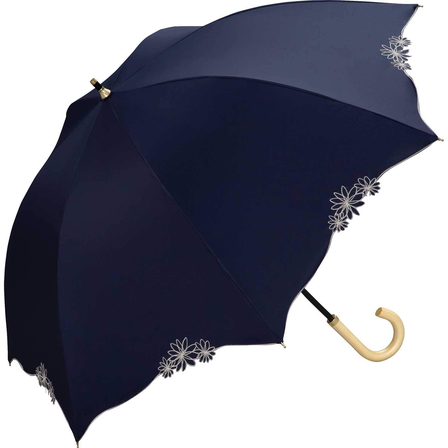 日傘 遮光ドームリムフラワー ネイビー 遮光率 UVカット率100％ UPF50＋ 晴雨兼用 長傘 Wpc. 55cm レディース 花柄 おしゃれ 女性 81-12113-101
