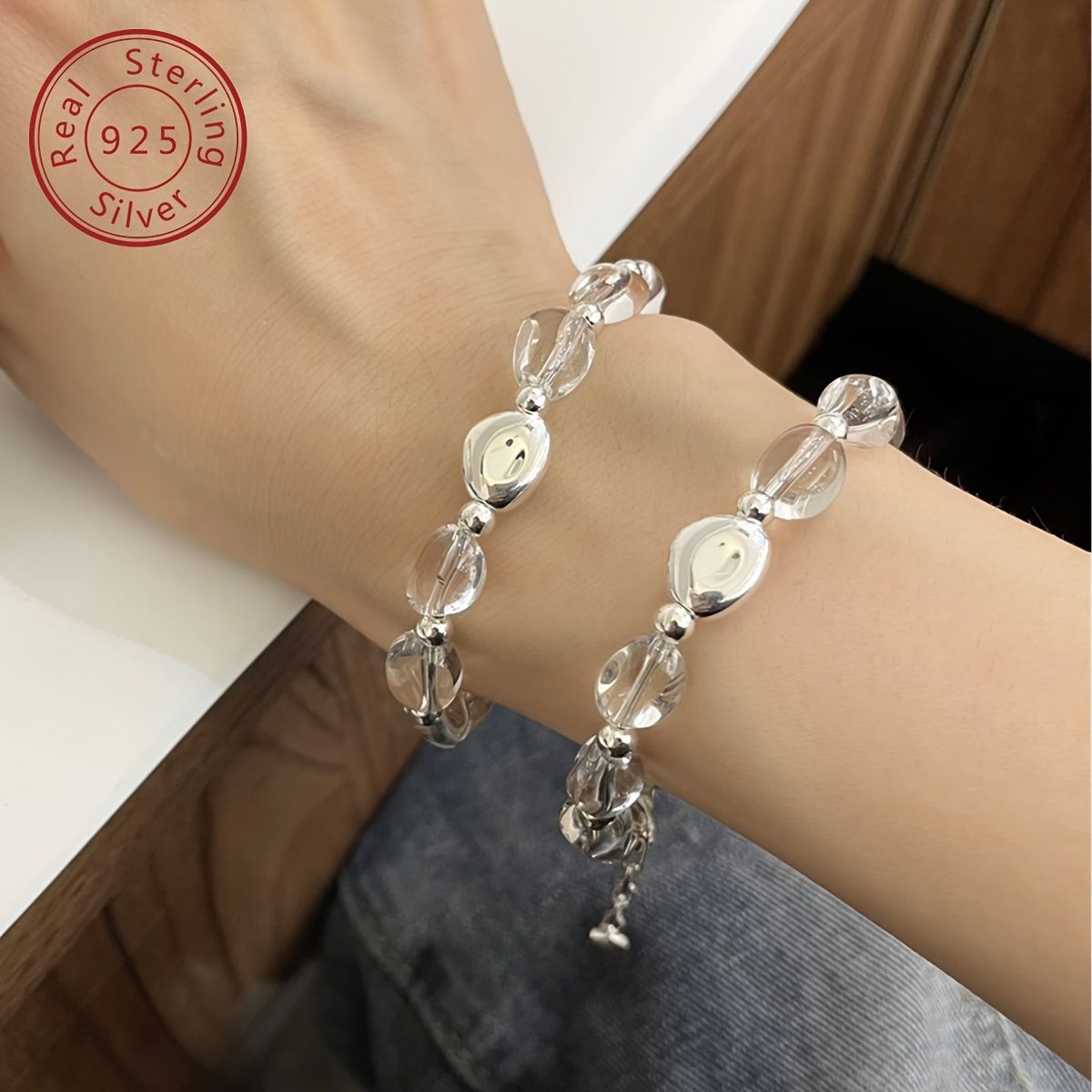 1個 S925 純銀色 天然ホワイトクリスタル 天然石豆ブレスレット ミニマリストスタイル 日常通勤に適した多目的 ギフトボックス付きの休日ギフトセレクション