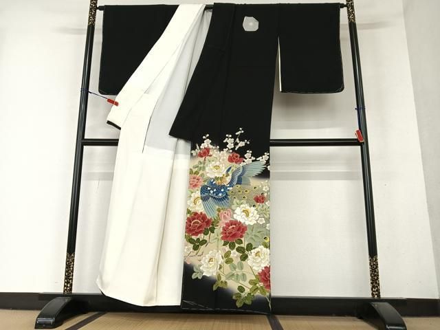 平和屋着物○豪華黒留袖 友禅 作家物 刺繍 孔雀花文 暈し