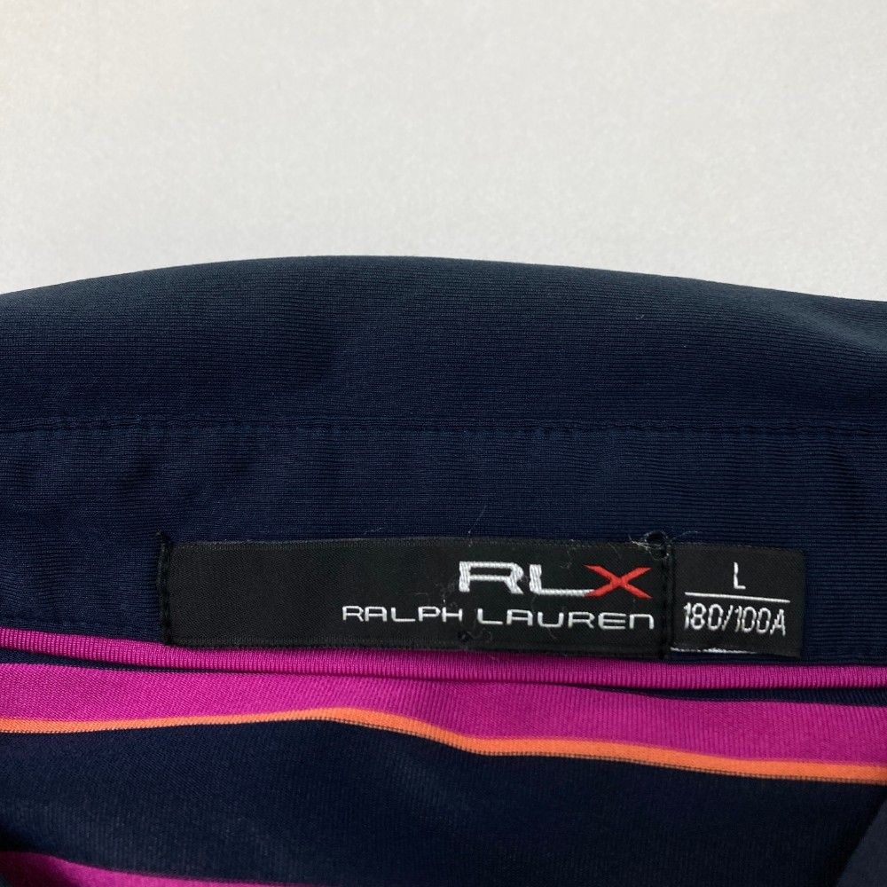 サイズ：L RLX ラルフローレン  半袖ポロシャツ ボーダー柄 ネイビー系 [240101457386] ゴルフウェア メンズ ストスト サイズ：L RLX ラルフローレン 半袖ポロシャツ ボーダー柄