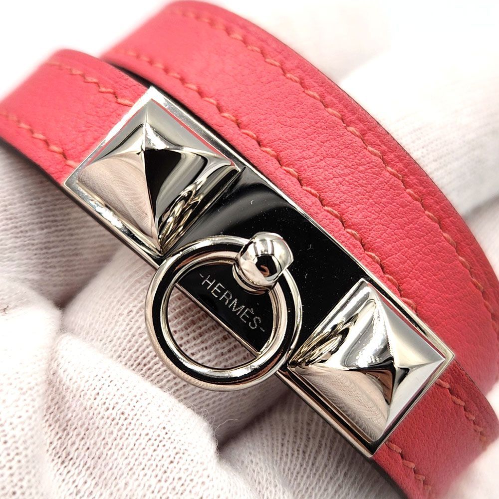 エルメス】ピンク レザー バングル シルバー金具