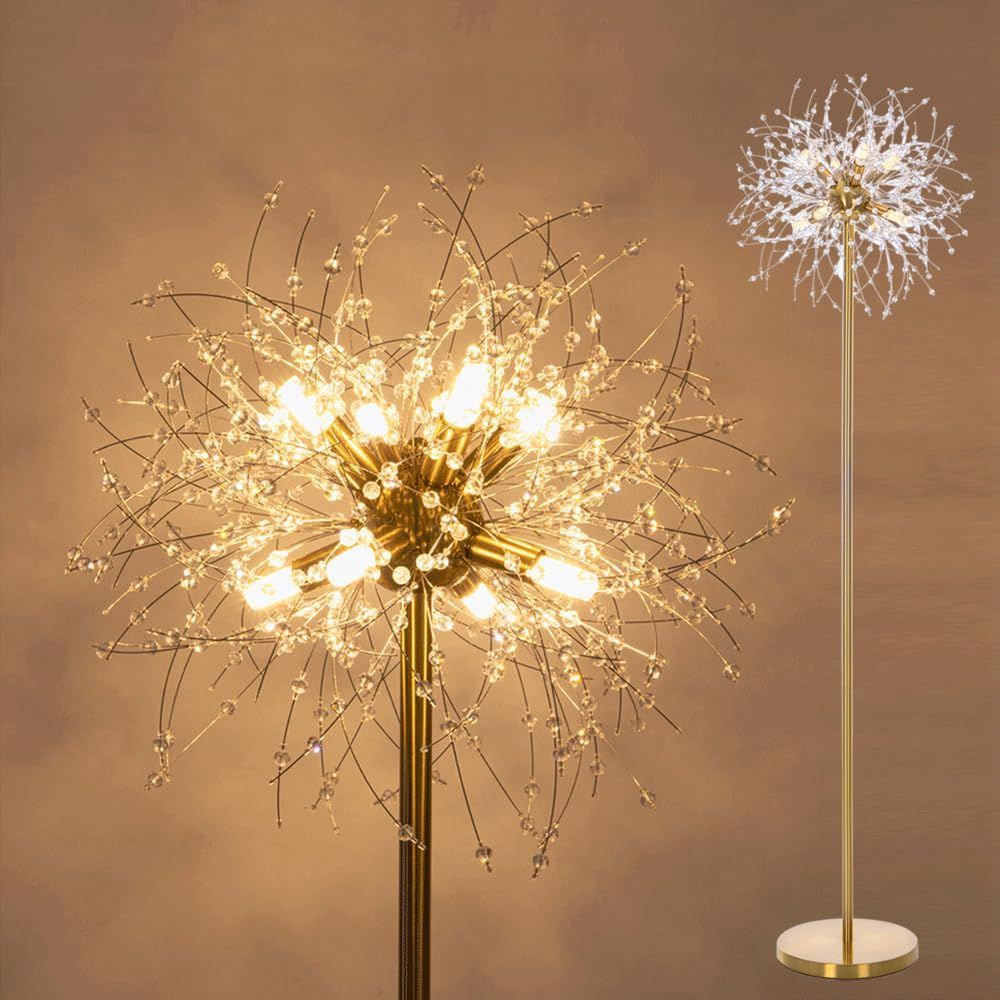 Chende フロアライト クリスタル 真鍮 北欧 花火 8灯 シャンデリア 間接照明 LED G9 おしゃれ 明るい インテリア照明 モダン リビング用 床置き 組立簡単 フロアスタンド ゴールド FL-HH-JP