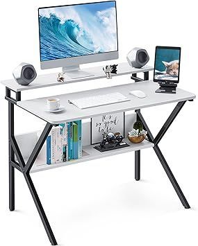 KKL 机 pcデスク パソコンデスク コンパクト モニター台付き 幅70cm×奥行60cm ゲーミングデスク 勉強机 小さい computer desk 棚付き テレワークデスク 省スペース 一人暮らし 組立簡単 モニターアーム対応 ホワ