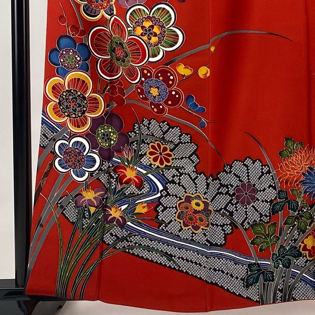 振袖 身丈159cm 裄丈66cm M 単衣 二尺袖 梅 流水 赤 正絹 美品 秀品  