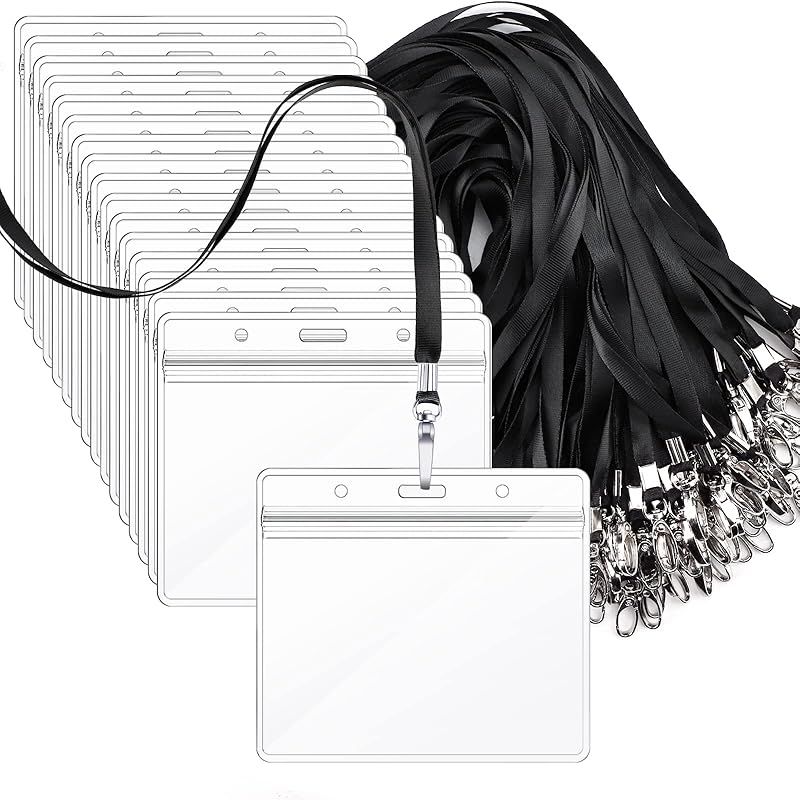 【idカードホルダー】Segarty ネームホルダー 名札 100枚入れ 横型 黒い 吊り下げ名札 社員証 透明色名札ケース カードホルダー 首掛け 両面用 ネックストラップ カード 通学通勤 社員証 名刺 