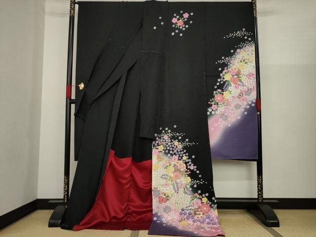 平和屋着物○豪華振袖 辻が花 雪輪花文 暈し染め 黒地 金彩 仮絵