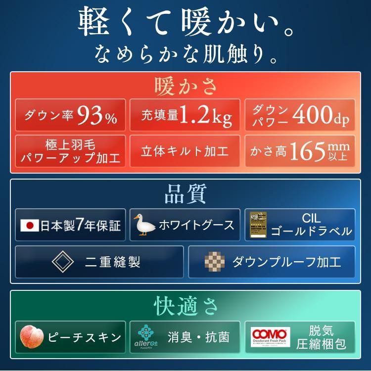 羽毛布団 セミダブル ロング 掛け布団 冬 暖かい ホワイトダックダウン93 1.2 kg 羽毛掛け布団 抗菌 消臭 抗アレルゲン PAA 19 RP 7年保証