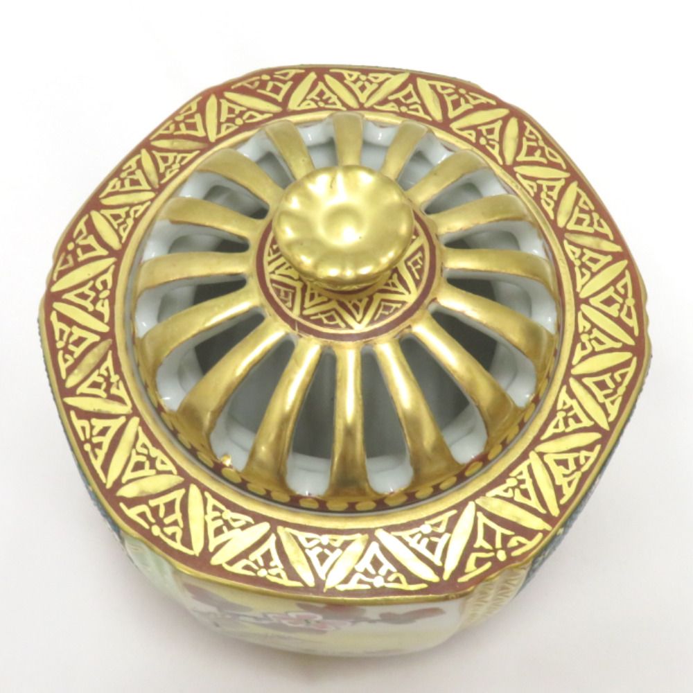 九谷焼・大雅・香炉 九谷焼 骨董・民芸品 九谷大雅 香炉 香爐 花鳥図 青粒 金彩 箱有