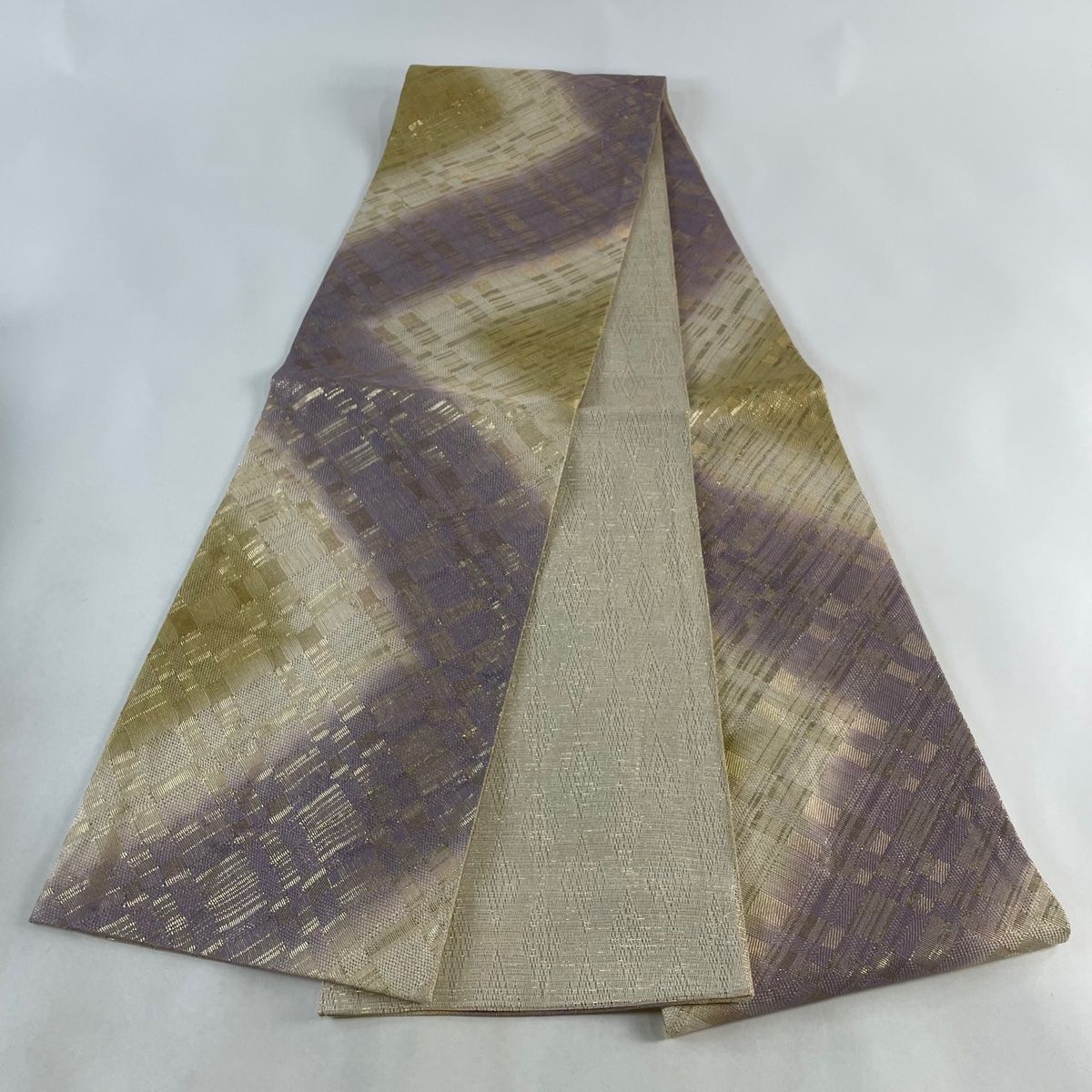 袋帯 秀品 縞 金糸 ベージュ 全通 正絹 【中古】 袋帯 秀品 斜縞