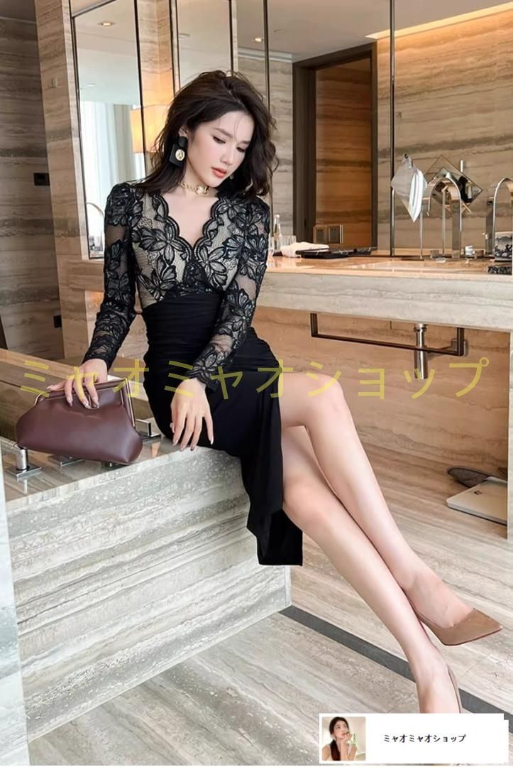 花柄レース ひざ丈ドレス スリット入り エレガント イブニング 結婚式 二次会 同窓会 披露宴 パーティー 成人式 ナイト 上品 裏地あり サイズ S M L XL MAAHADDERANG_COM