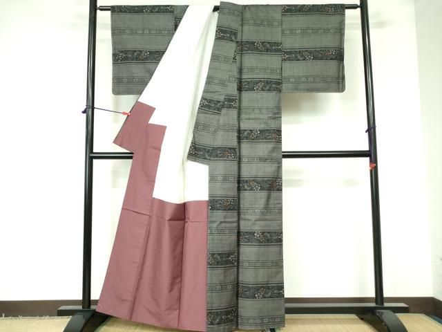 正絹本場大島訪問着　9マルキ　横段花文　⑧ 平和屋着物○本場大島紬 9マルキ 横段風景花文 正絹 逸品 未使用