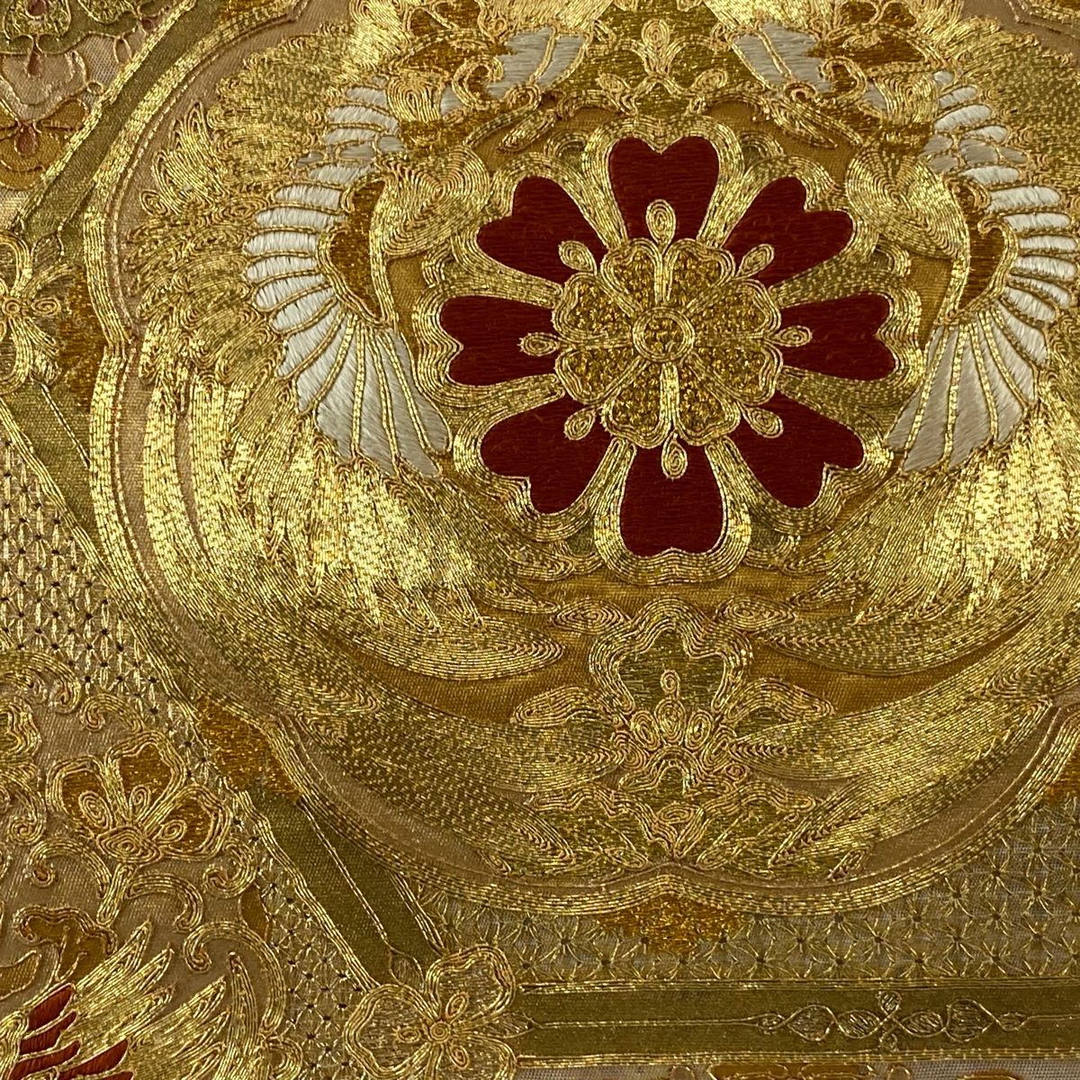 付け帯 秀品 作り帯 華文 向かい鳥 刺繍 金糸 金色 正絹
