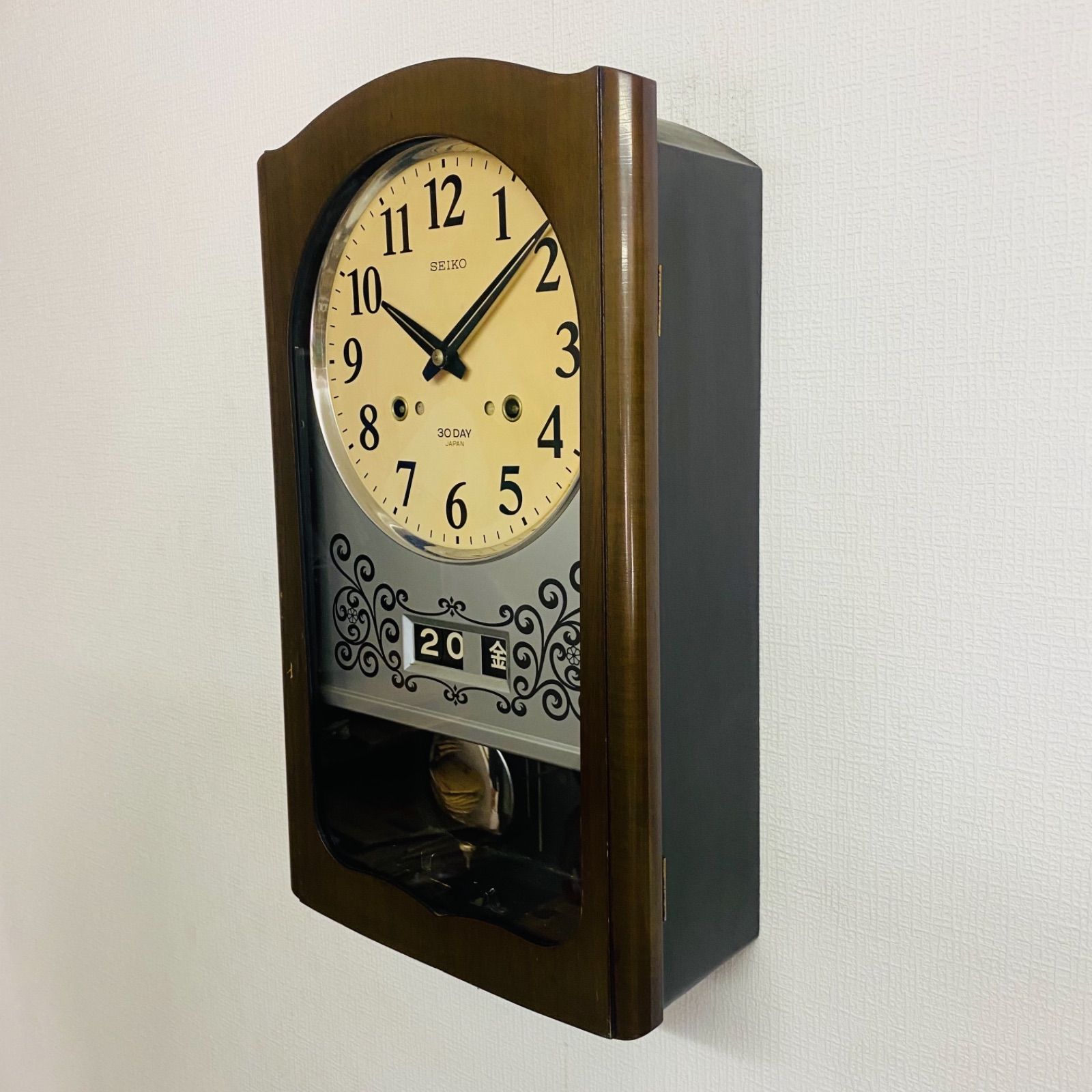SEIKO 30DAY カレンダー付　ゼンマイ時計　古時計　機械時計　A 完動・美品〉SEIKO30日巻4PC カレンダー付ゼンマイ振り子時計 残