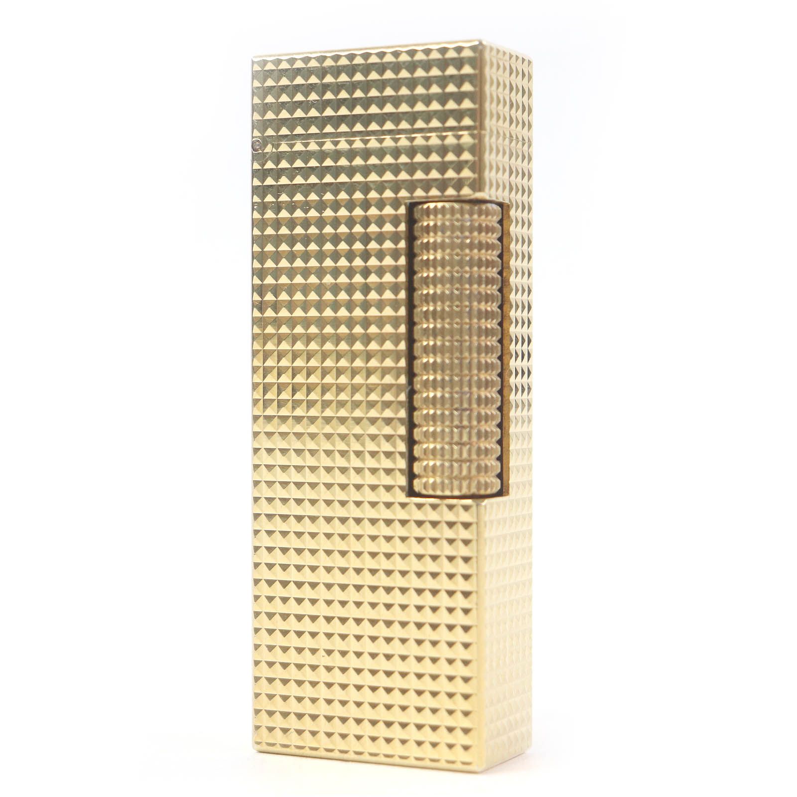 □Dunhill ダンヒル ダイヤモンドヘッド 総柄 スクエア ローラー式 ガスライター ゴールド ケース付き スイス製 メンズ 着火 済み