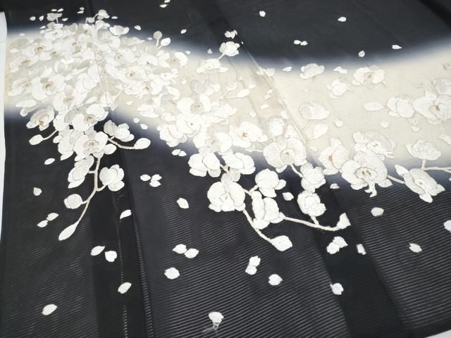 平和屋本店■最高級　夏物　訪問着　絽　総手刺繍　胡蝶蘭　枝垂れ桜　暈し染め　黒地　金銀彩　反端付き　逸品　未使用　CYAA3507s5 平和屋本店□最高級 夏物 訪問着 絽 総手刺繍 胡蝶蘭 枝垂れ桜 暈し